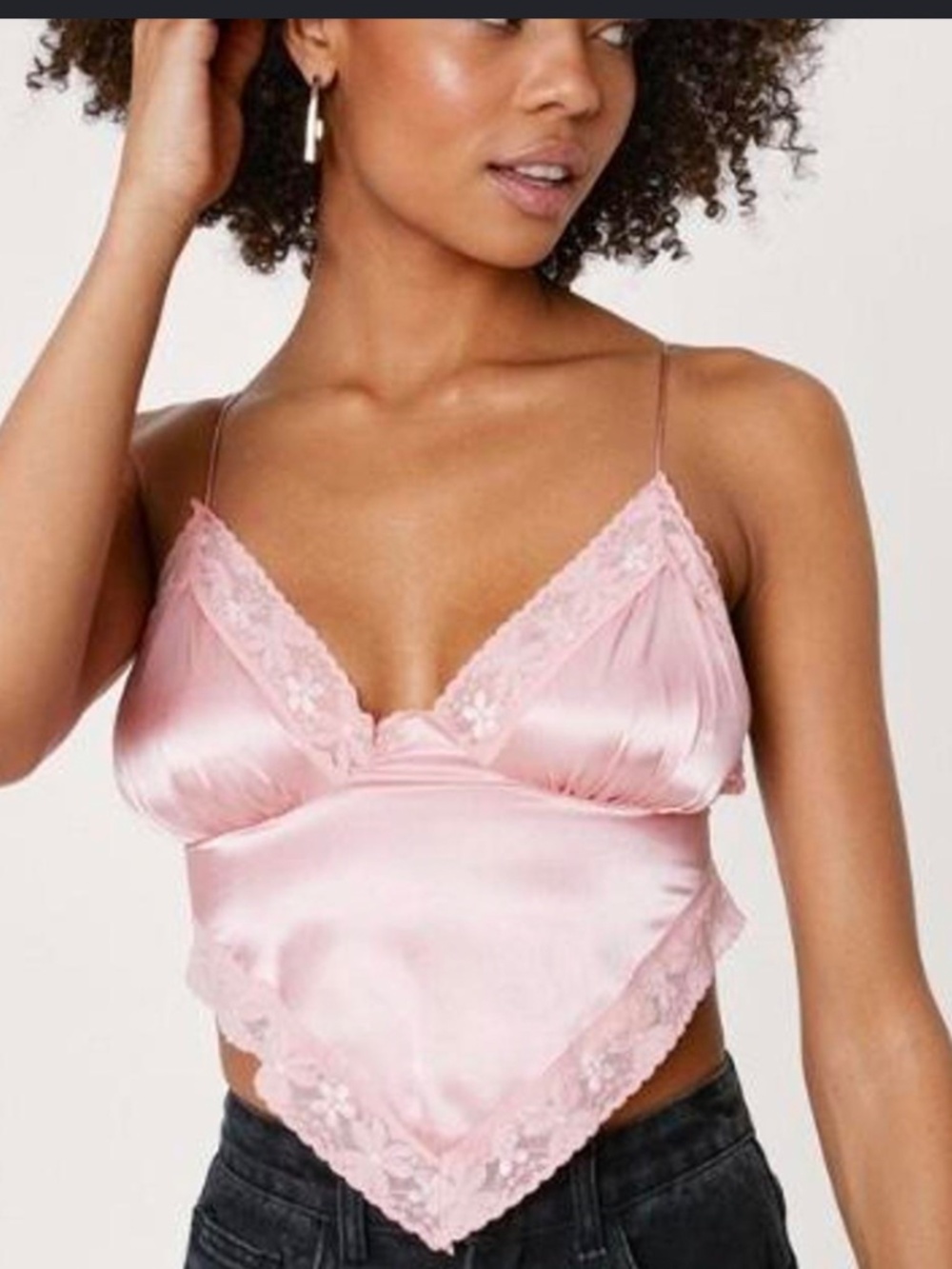 Nasty Gal Pink Satin Lace-Trim Handkerchief Cami